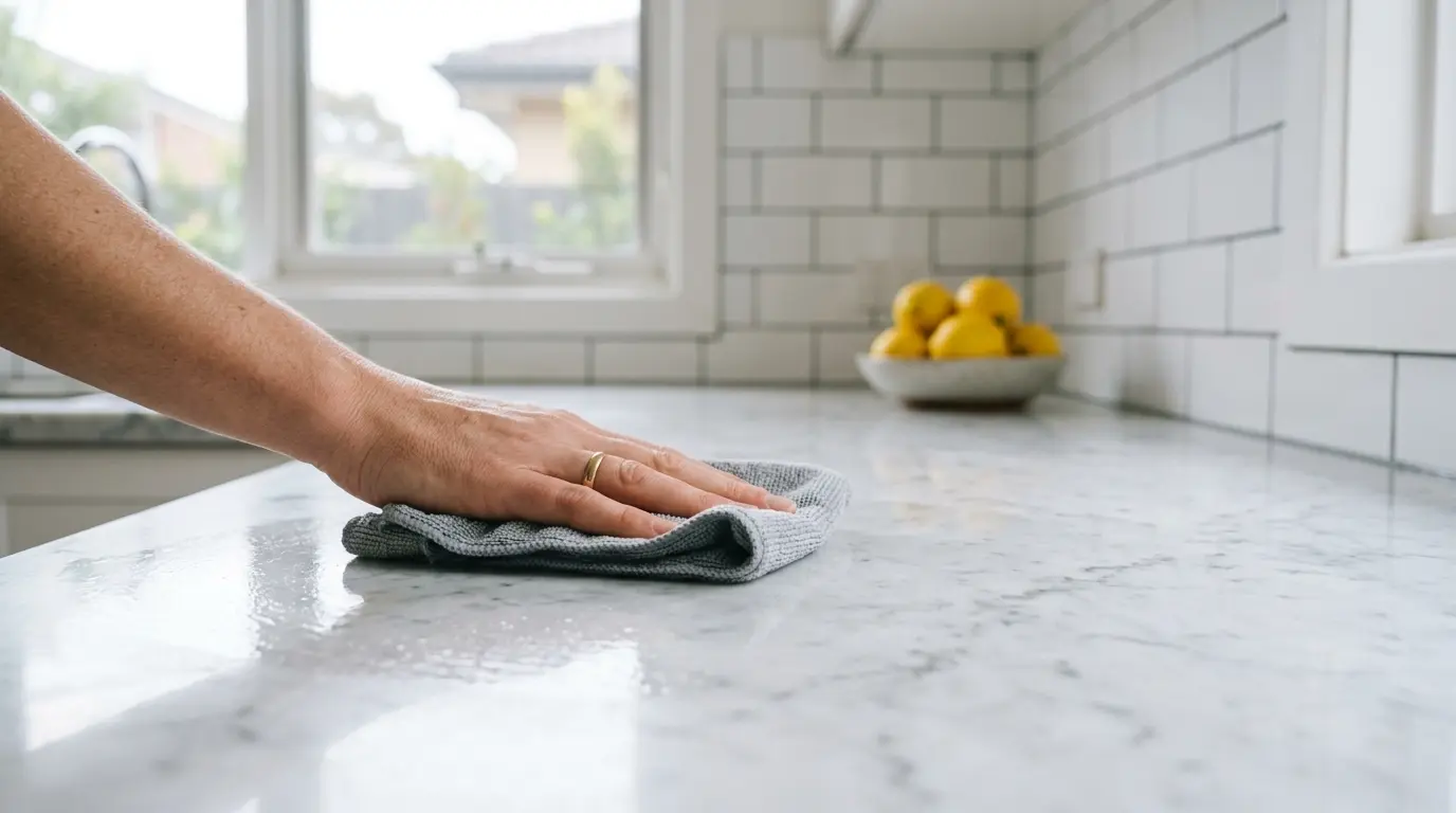 Hand wiping a marble stone benchtop with a grey microfibre cloth to clean it daily