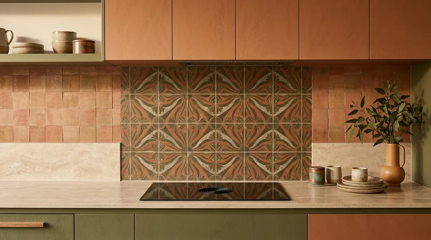 Large format patterned statement tile splashback in a modern Melbourne kitchen with terracotta cabinetry