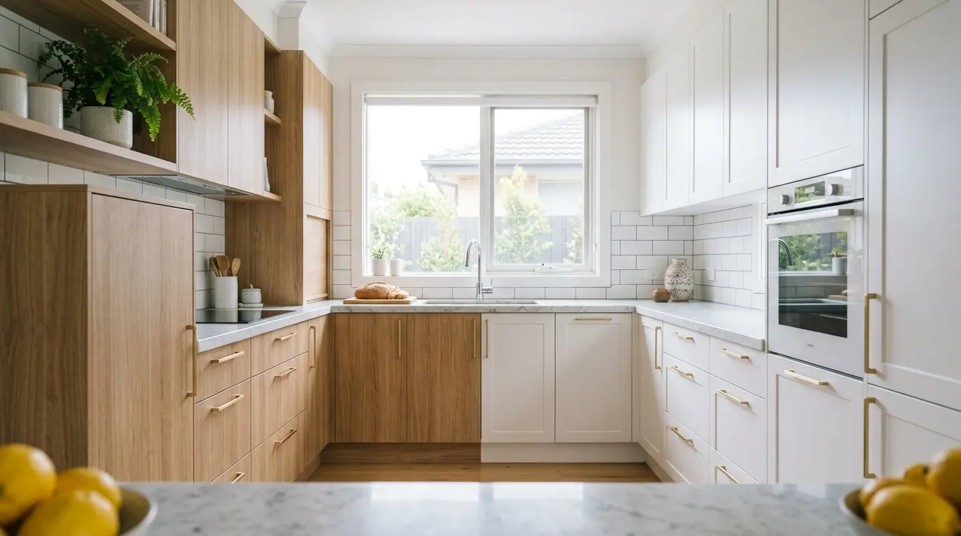 Melbourne kitchen with woodgrain laminate kitchen cabinets beside white 2-pack polyurethane shaker cabinets