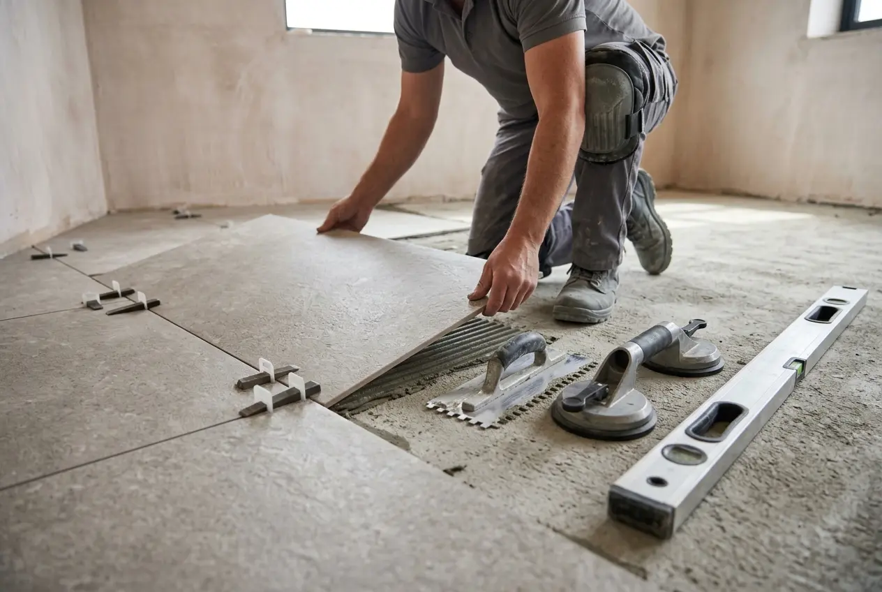 Tiler installing large format porcelain floor tiles with levelling clips on a prepared floor in Melbourne
