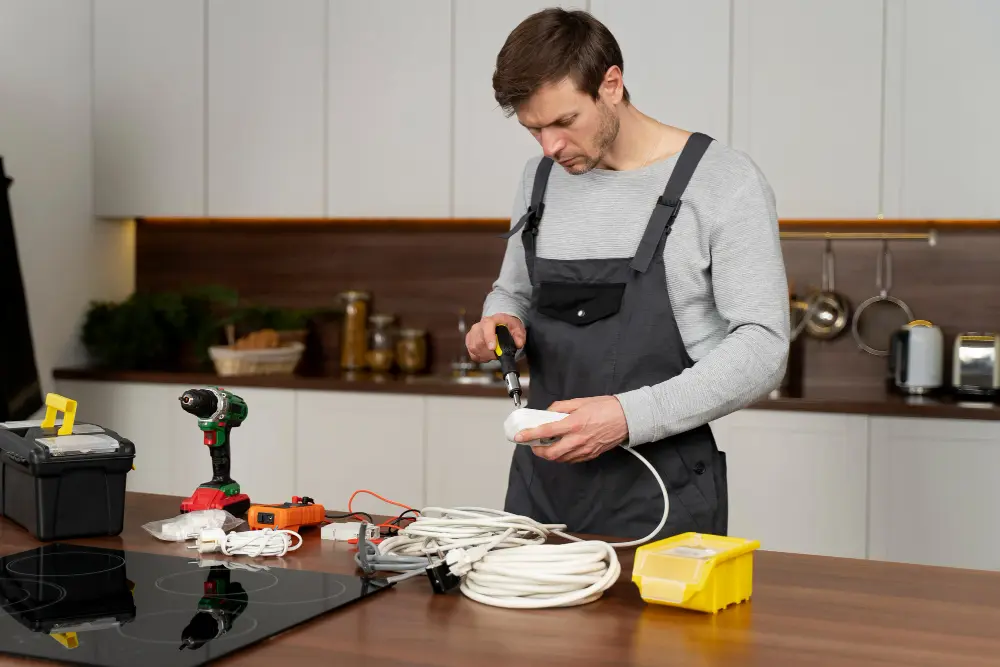 Electrician repairing kitchen electrical wiring and appliances