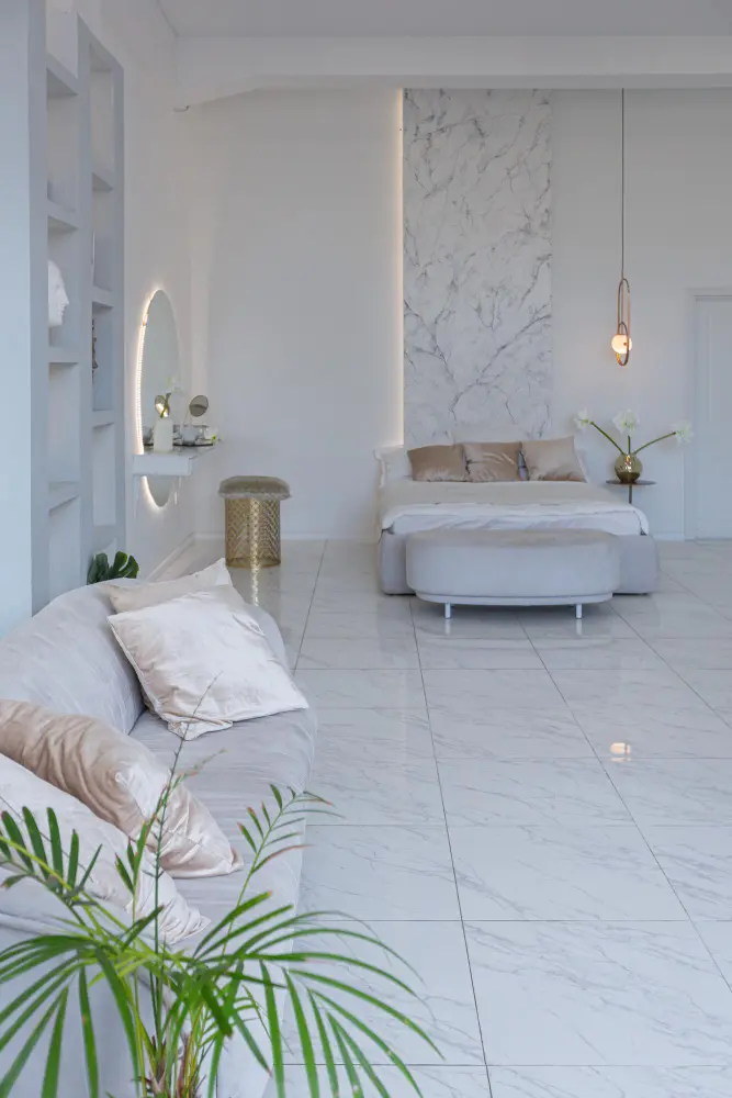 Elegant living space with large-format porcelain floor tiles professionally installed for a modern Melbourne home