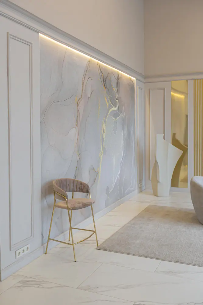 Elegant feature wall tile design with marble-look tiles professionally installed in a contemporary Melbourne home