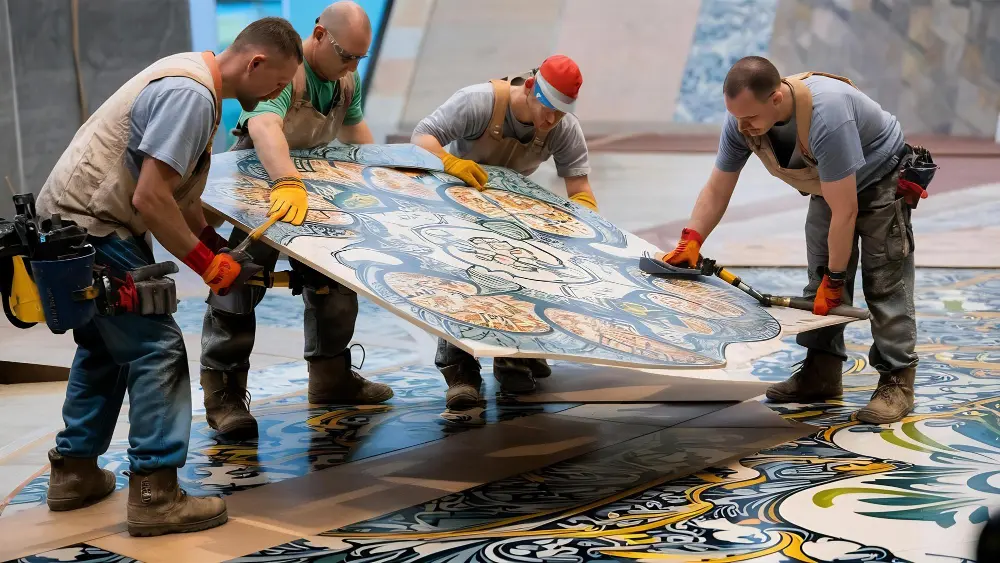 Professional installers fitting heavy duty floor tiles for an industrial tiling project in Melbourne with precision workmanship.
