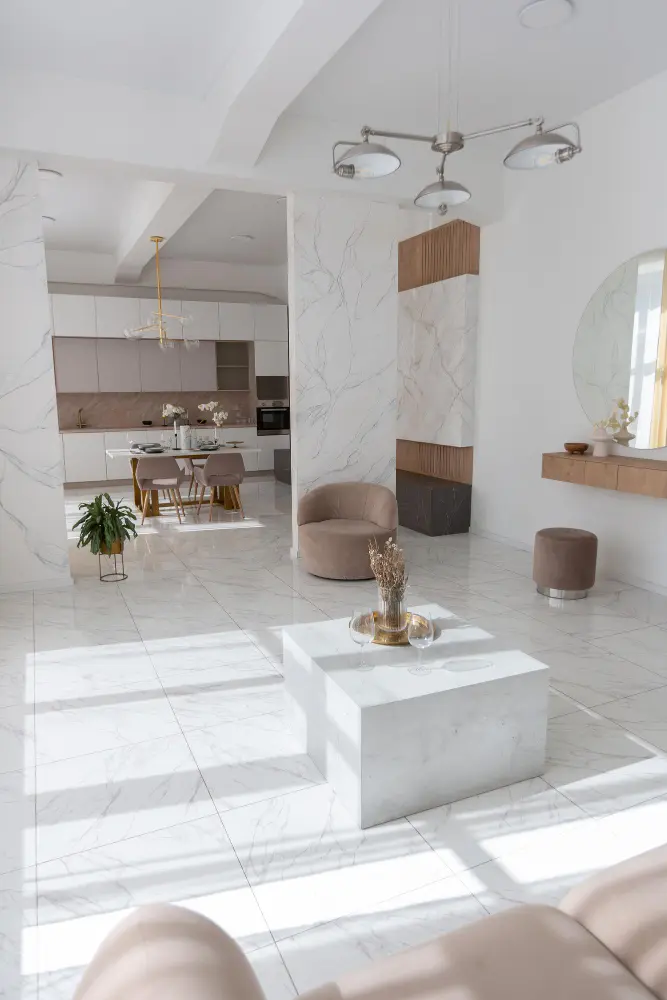 Modern home interior featuring premium interior tiling in Melbourne with large-format floor tiles for a stylish and seamless finish